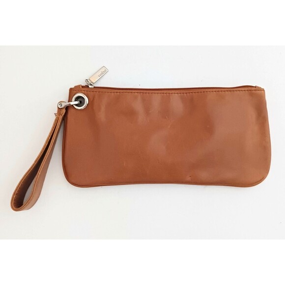 HOBO Camel Leather Lg Clutch Wide Wristlet Strap Silver Hardware 10X6 - Picture 1 of 9